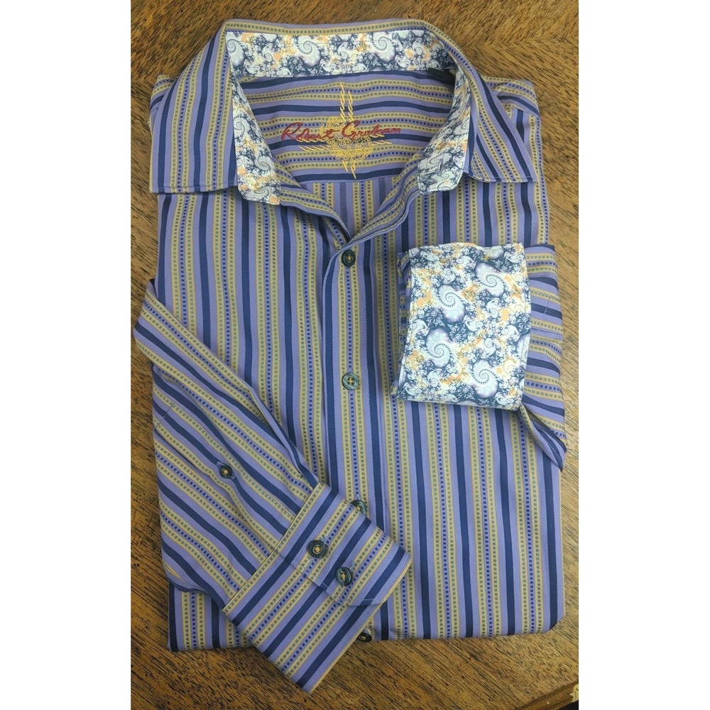 Robert Graham Flip Cuff Contrast Collar Dress Shirt Sz LARGE Classic Fit Dressy